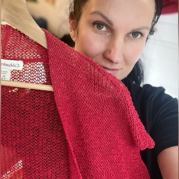 Coldwater Creek linen red Christmas cardigan top size XS 4-6 knit short sleeve - Picture 8 of 15